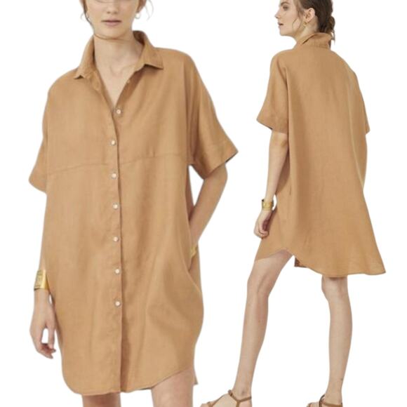 Lanhtropy Alba Shirt Dress Tunic Golden Tumeric Camel Short Sleeve Button Down L - Picture 1 of 10